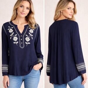 Mason & Belle Embroidered Boho Blouse XL Navy Floral Peasant Top